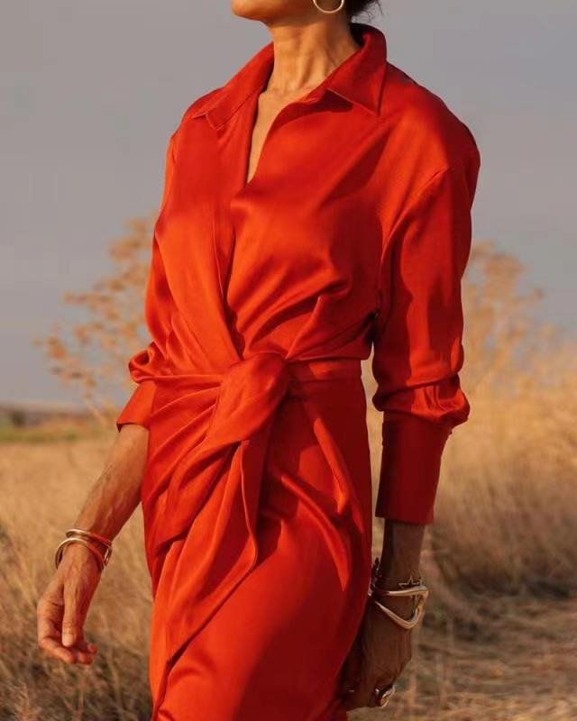 Red Satin Wrap Shirt Maxi Dress Qb034