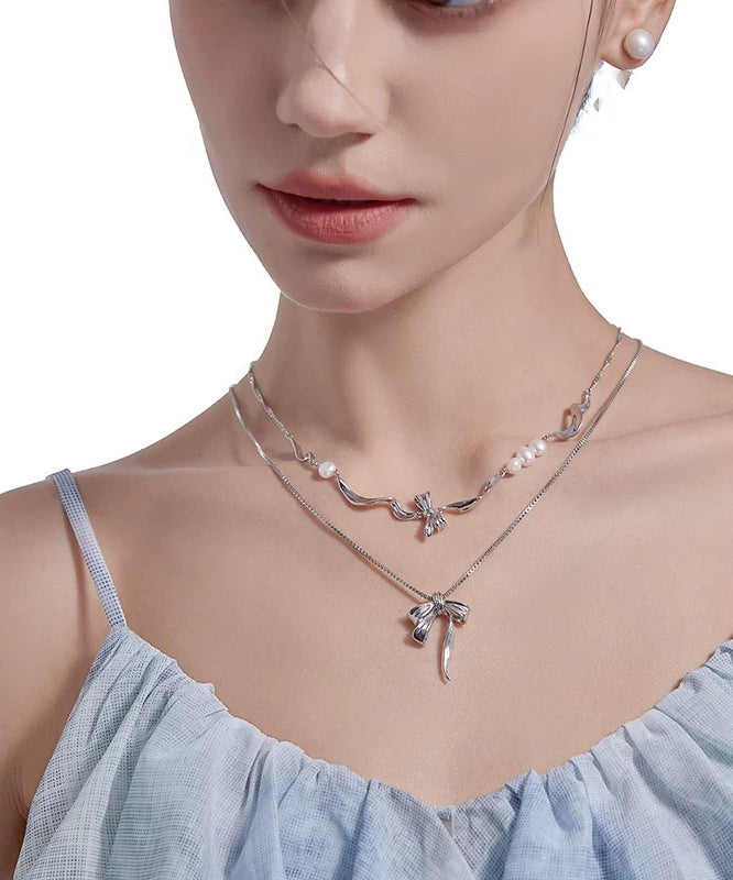 Silk Alloy Pearl Bow Pendant Necklace Two-piece Set