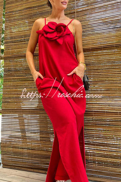 Vacay Ready Linen Blend Embellishment Pocketed Slit Maxi Dress