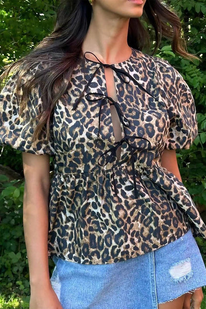 Leopard Print Cinched Lantern-sleeve Slim Blouse