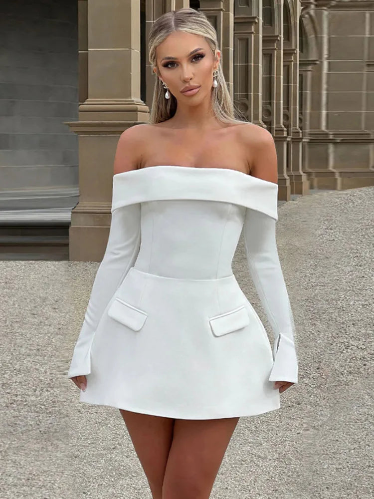 Off-shoulder Long Sleeve Mini Dress for Two Pocket Strapless Backless A-line Club Party Dress