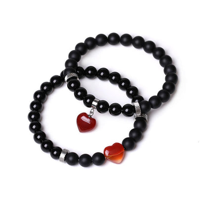 Buddha Stones 2pcs Black Onyx Crystal Stone Love Heart Protection Support Couple Bracelet