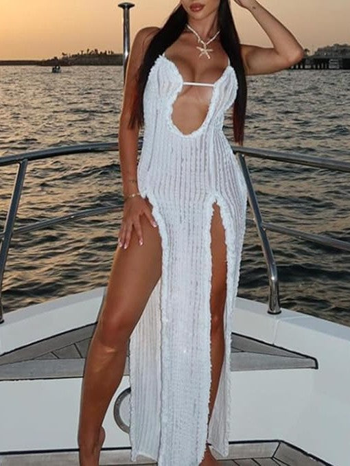 See Through Deep Neck High Slit Maxi Dress