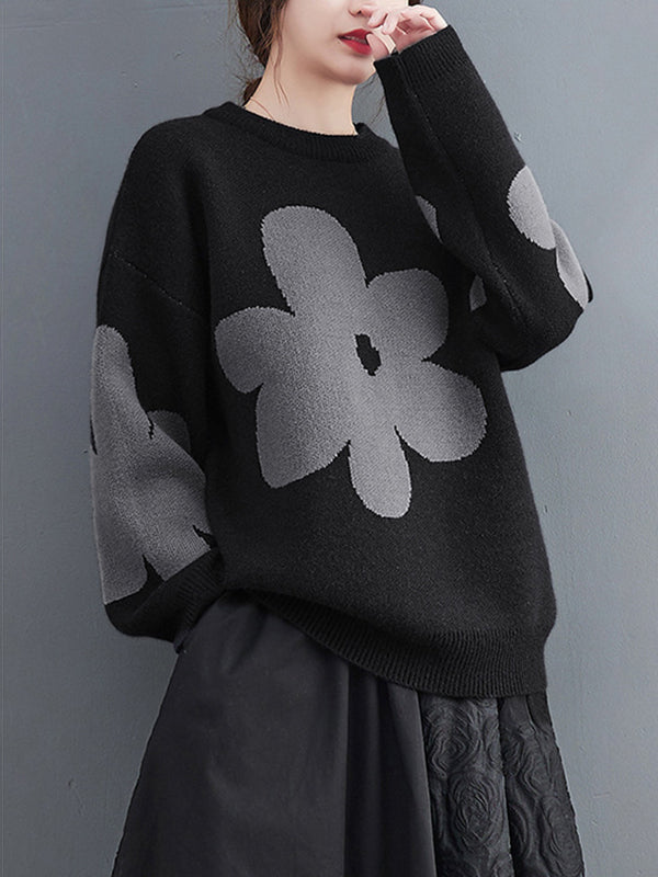 Loose Black Round-neck Contrast Color Flower Long Sleeve Sweater An1070
