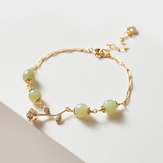 Buddha Stones 14k Gold Plated Hetian Jade Golden Rose Flower Luck Chain Bracelet