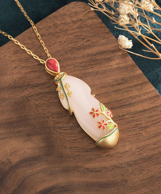 White Inlaid Jade Cloisonne Pendant Necklace