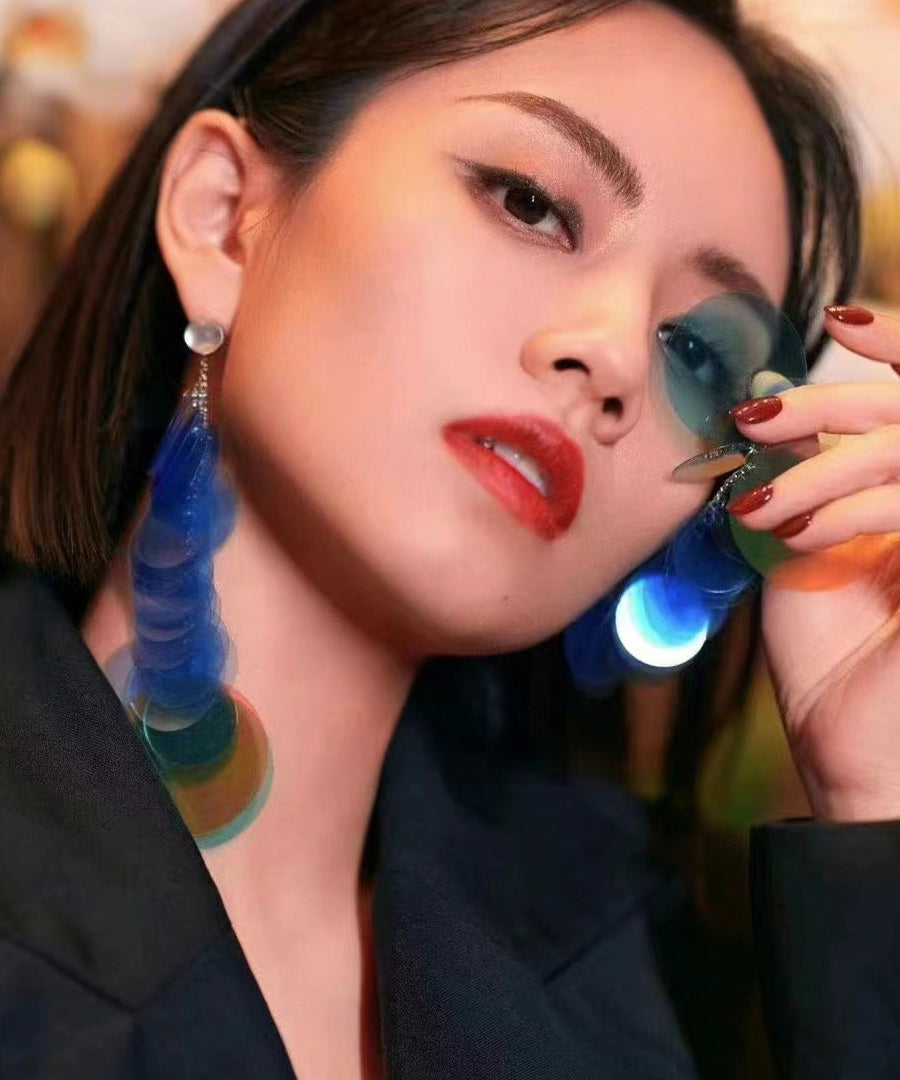 Blue Stainless Steel Round Sequin Tassel Drop Earrings