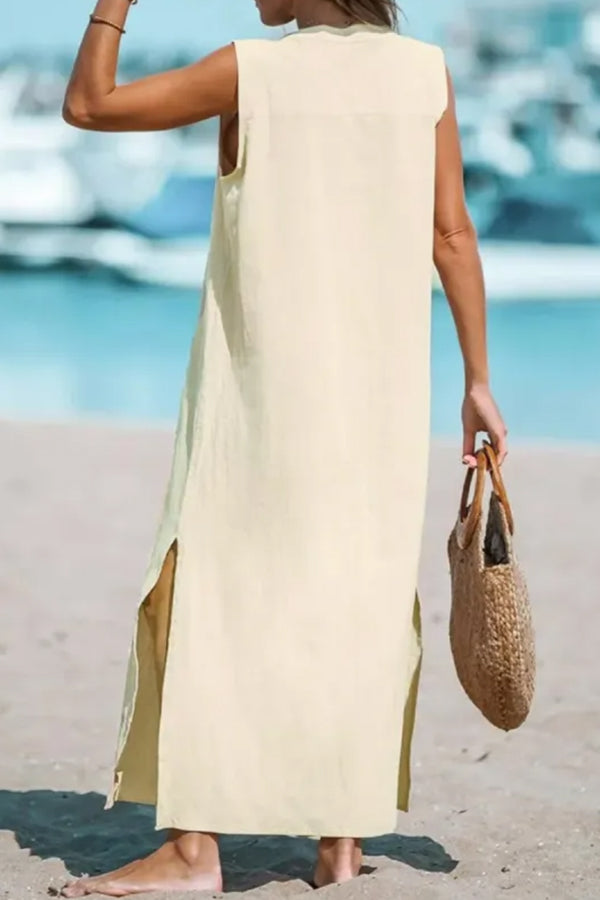 Cotton and Linen Sleeveless Loose V-neck Maxi Dress