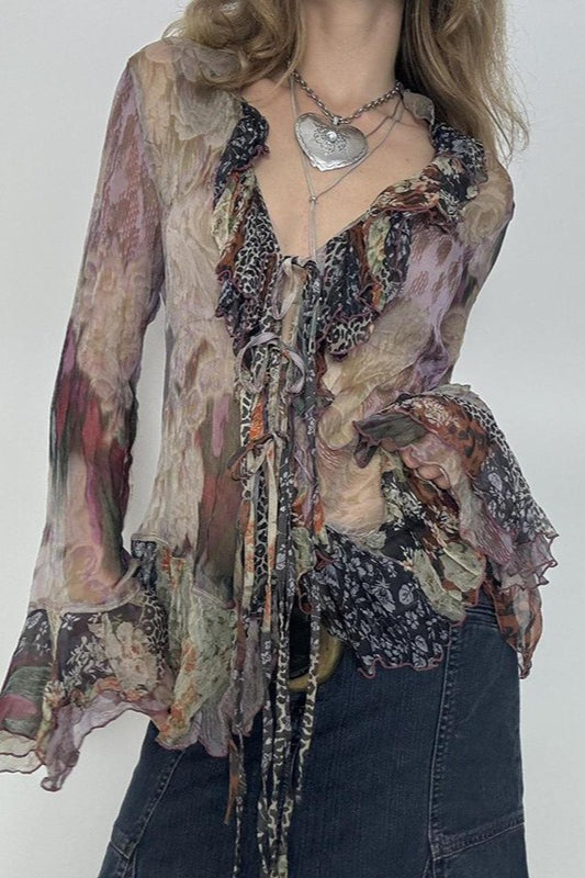 Print Contrast Mesh Tie Blouse