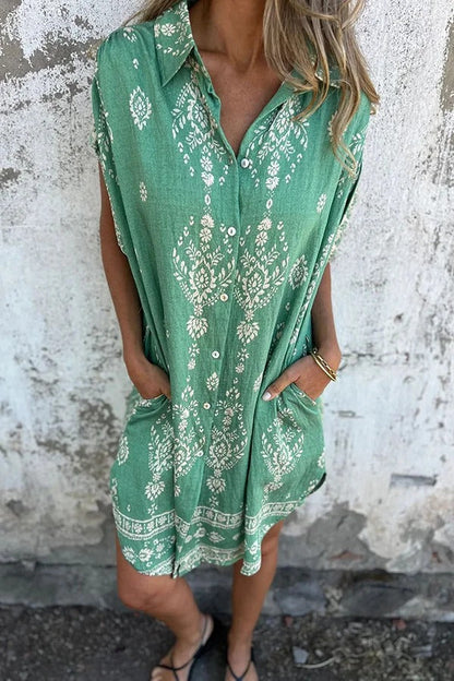 Linen Blend Unique Print Lapel Pocket Mini Dress