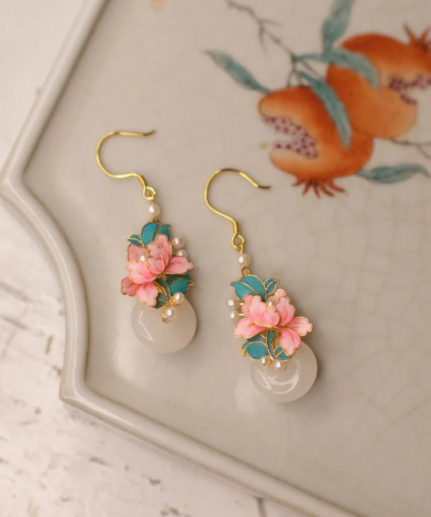 Pink Sterling Silver Overgild Enamel Ping Buckle Pearl Drop Earrings