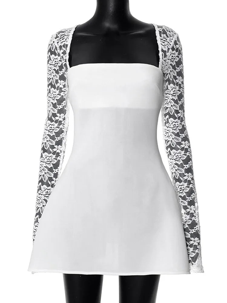 Lace Patchwork ’s Mini Dress Square Collar Long Sleeve A-line Vestido New Female Party Robe