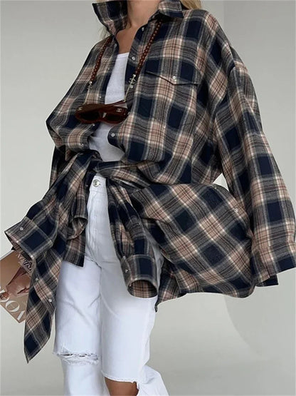 Lapel Autumn Shirts Outwear Contrast Long Sleeve Patchwork Coat Cardigan Female Shirts