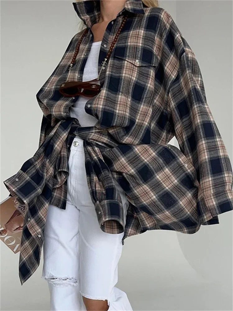 Lapel Autumn Shirts Outwear Contrast Long Sleeve Patchwork Coat Cardigan Female Shirts