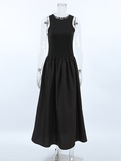 A-line Sleeveless Color Split-joint Round-neck Maxi Dresses