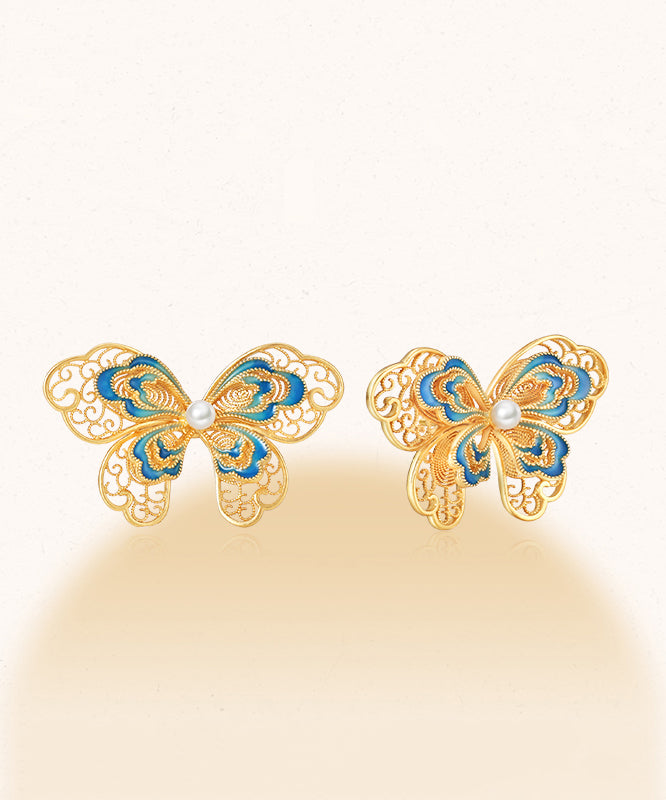 Gold Sterling Silver Overgild Butterfly Pearl Hollow Out Stud Earrings