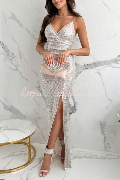 Look at the Bright Sequin V-neck Strap Slit Stretch Maxi Dress