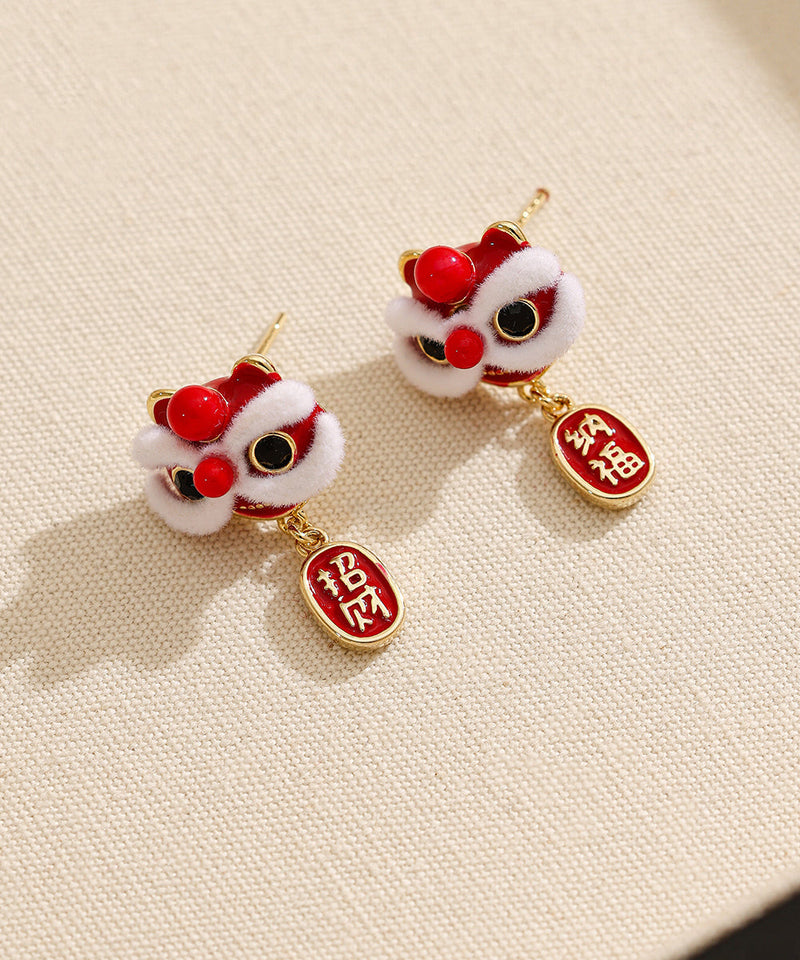New Red Copper 14k Gold 14k Gold Lion Dance Drop Earrings