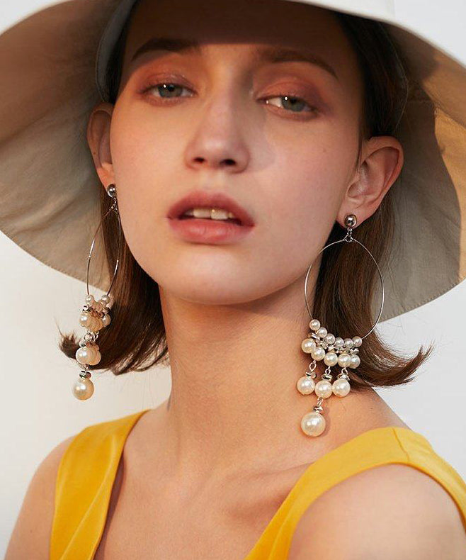 Stylish Silk Circle Pearl Tassels Silver Plated Long Drop Earrings