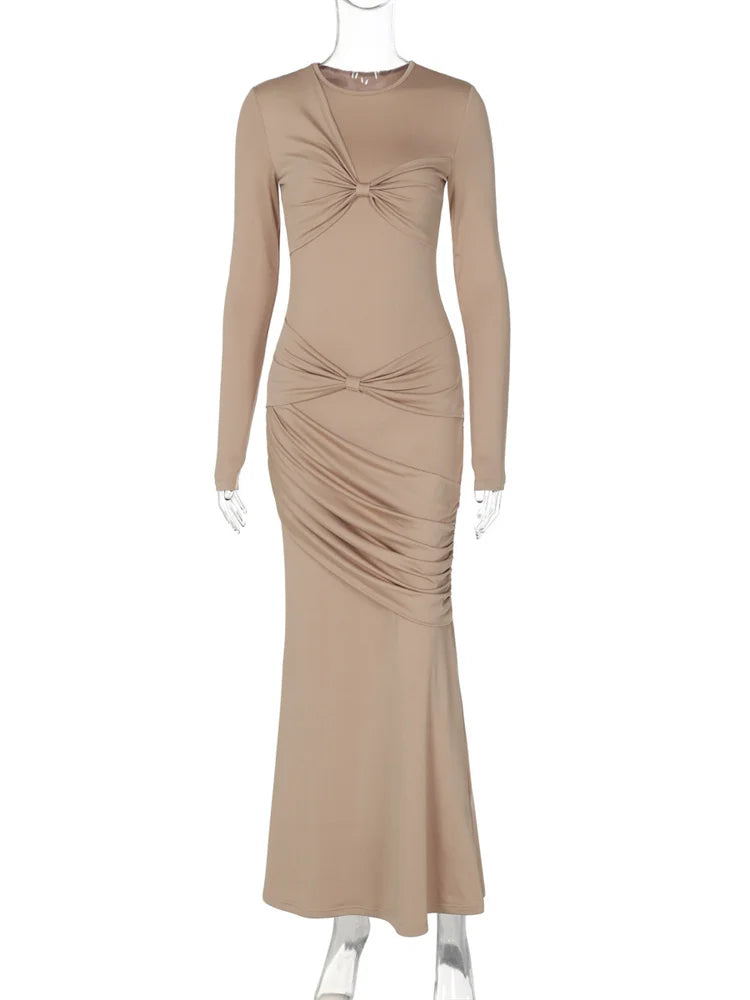 Autumn Pleated Twist Long Dress ’s High Waist Slim Skinny Party Dress Gown Female Bodycon Maxi Dress