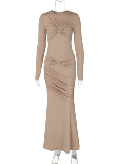 Autumn Pleated Twist Long Dress ’s High Waist Slim Skinny Party Dress Gown Female Bodycon Maxi Dress