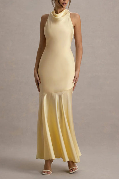 Timeless Sophistication Satin Cowl Detail Back Self-tie Halter Neck Maxi Dress