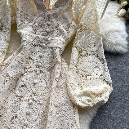 Classy Apricot V-neck Hollow Out Lace Buttoned Long Puff Sleeve Maxi Dress