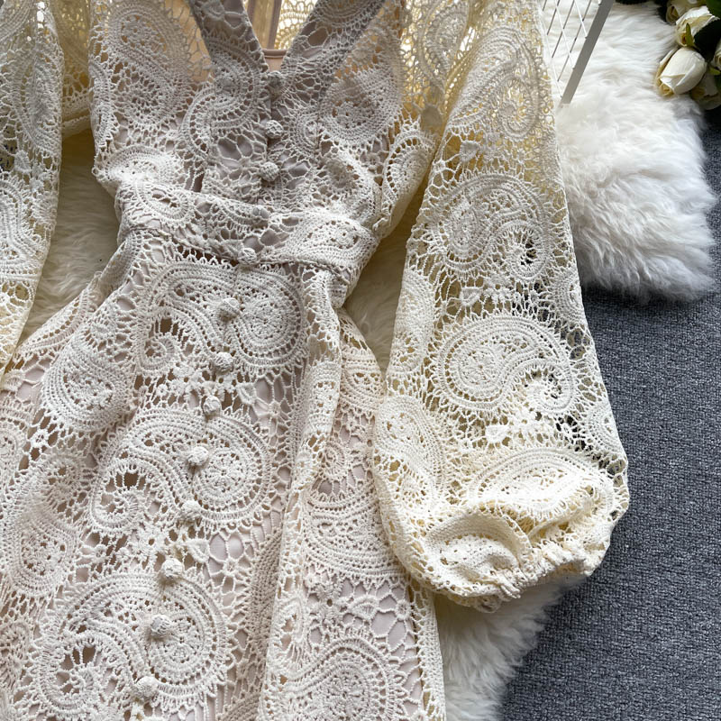 Classy Apricot V-neck Hollow Out Lace Buttoned Long Puff Sleeve Maxi Dress