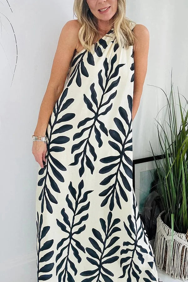 Unique Printed One Shoulder Pocketed Loose Maxi Dress