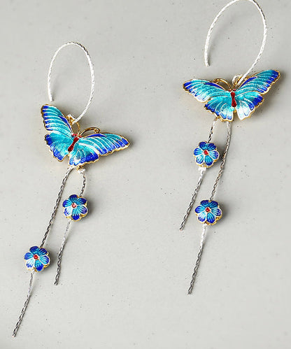 Blue Sterling Silver Cloisonne Butterfly Drop Earrings