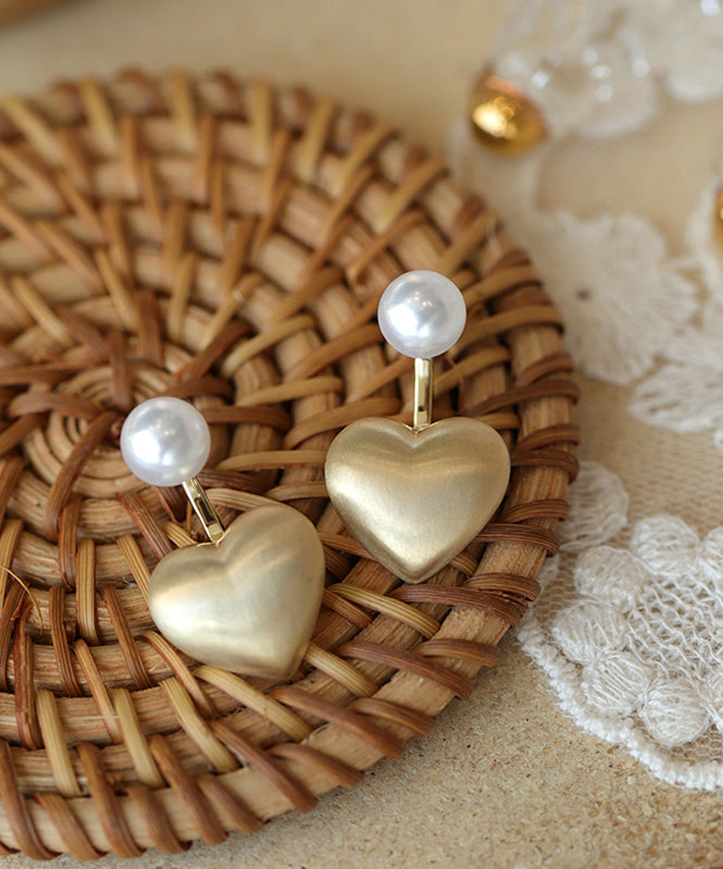 Gold Metal Alloy Dull Polish Love Pearl Stud Earrings