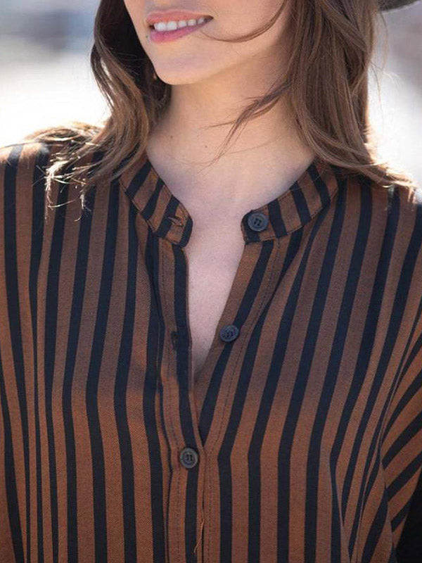 Batwing Sleeves Half Sleeves Buttoned Pockets Striped Round-neck Beach Cover-up Maxi Dresses