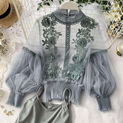 Grey Stand Collar Embroidery Flowers Sheer Lace Lantern Sleeve Blouse