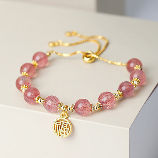 Buddha Stones 14k Gold Plated Natural Strawberry Quartz Fu Character Positive Charm Bracelet