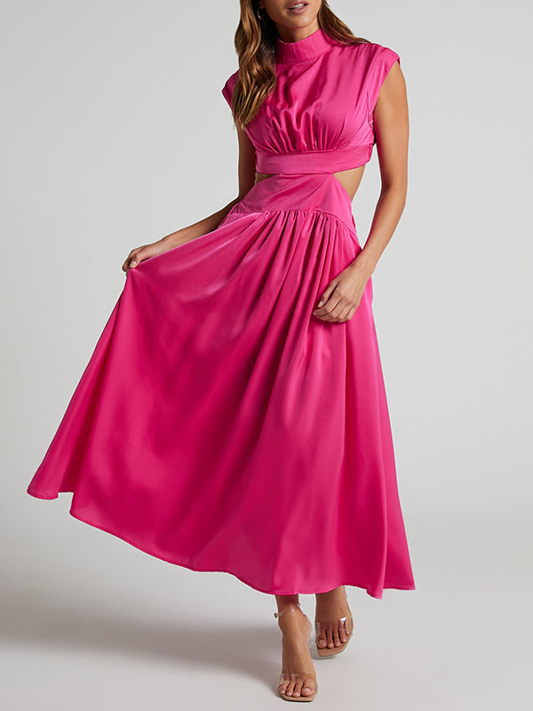 Cap Sleeve Belly-hollow Pleated Color Stand Collar Maxi Dresses