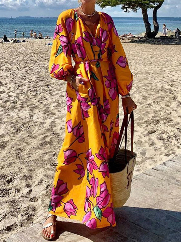 A-line Long Sleeves Flower Print Pockets Tied Waist V-neck Maxi Dresses