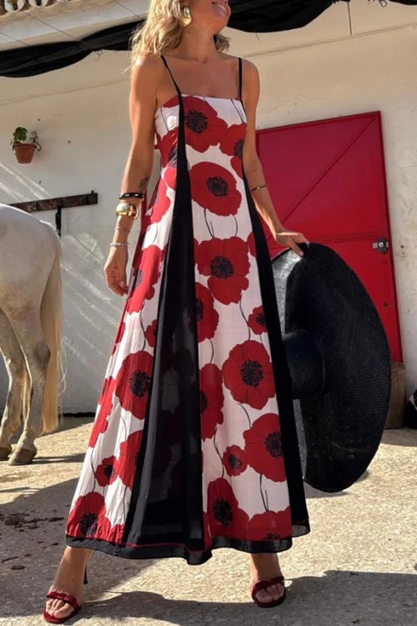 Print Suspenders Paneled Back Pleated Maxi Dress