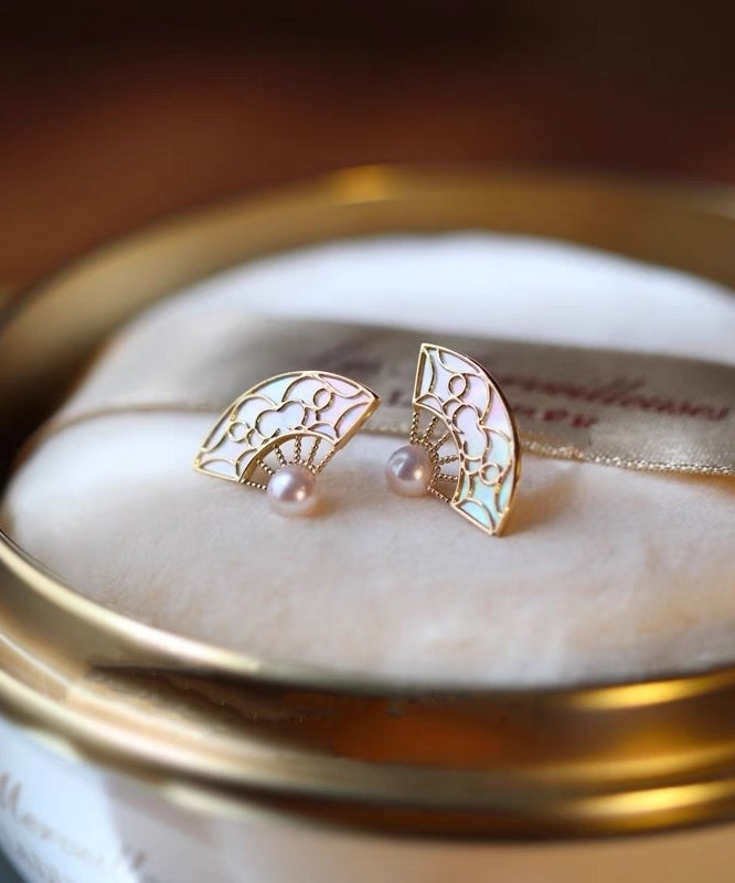 Retro Orange Copper Overgild Gold Fan-shaped Shell Stud Earrings