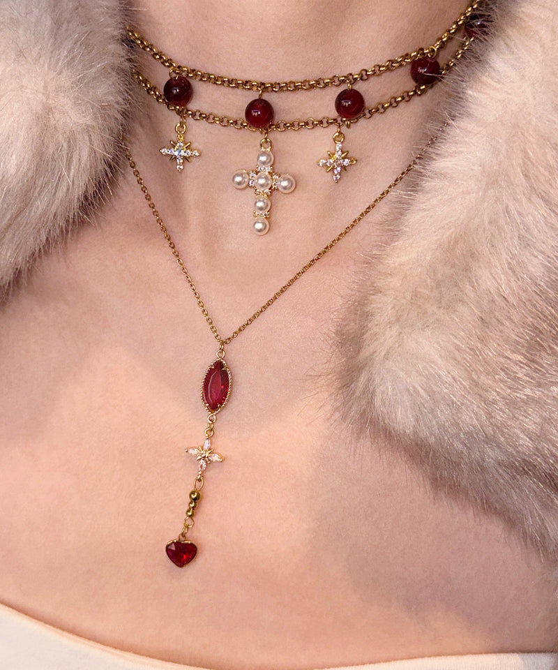 Red Cat's Eye Cross Layering Alloy Two Piece Set Pendant Necklace