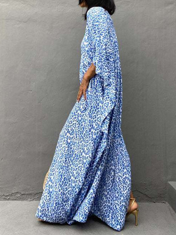 Batwing Sleeves Loose Leopard Split-side Sun Protection V-neck Cover-ups Swimwear Maxi Dresses