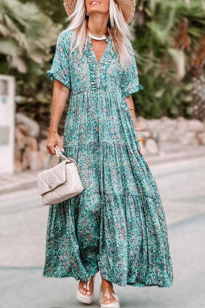 Sky Blue Paisley Print Split V Neck Tiered Maxi Dress
