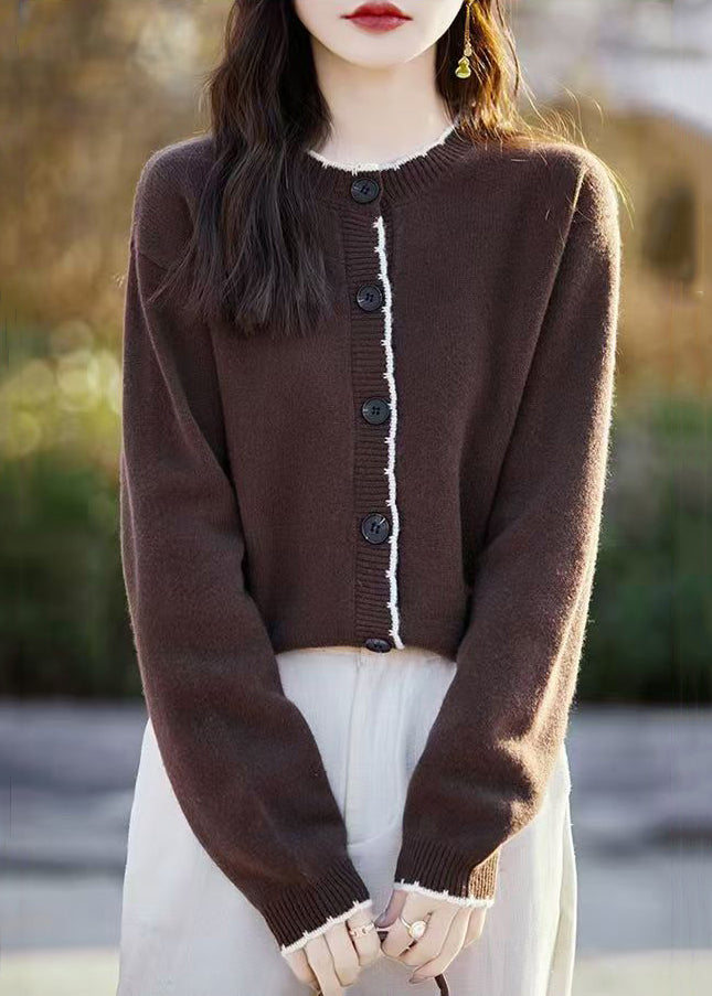 Classy Beige O Neck Button Wool Knit Cardigans Fall Qx025