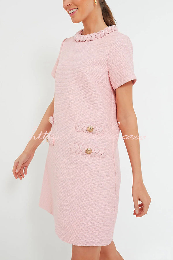 Confident and Tweed Fabric Braided Trim Button Shift Mini Dress