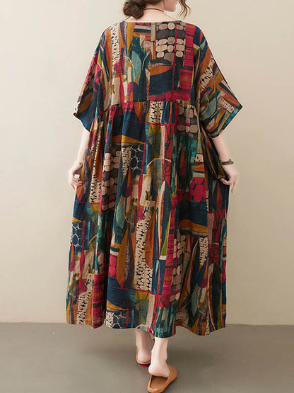 Loose Abstract Printed Pleated Round-neck Half Sleeves Midi Dress