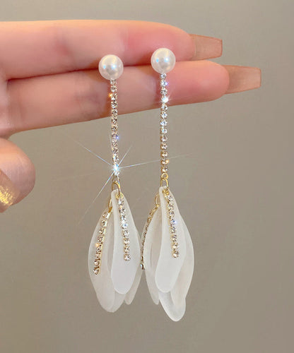 White Alloy Zircon Pearl Petal Tassel Drop Earrings