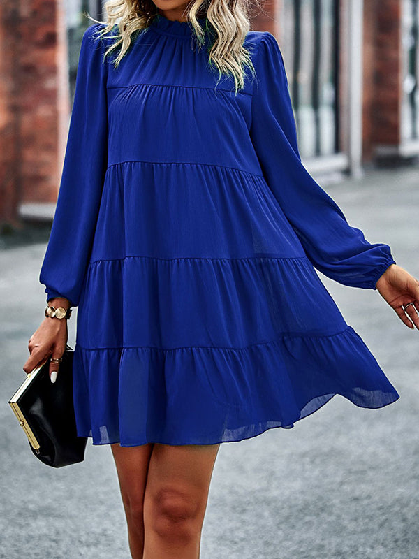 A-line Bishop Sleeve Elasticity Pleated Color Split-joint Tied Mock Neck Mini Dresses