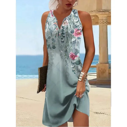 Flower Print Mini Dresses Summer New V-neck A-line Sleeveless Dress Vestido Lady Commuting Clothing