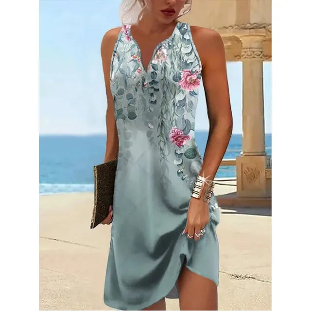 Flower Print Mini Dresses Summer New V-neck A-line Sleeveless Dress Vestido Lady Commuting Clothing
