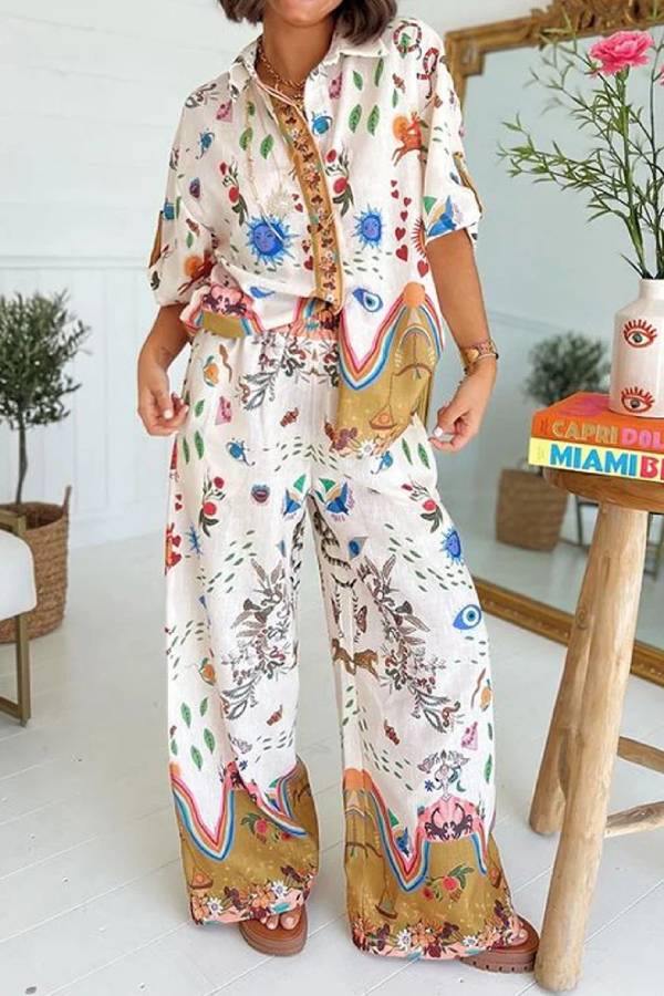 Printed Short Sleeve Shirt \u0026 Pants Two-piece Set