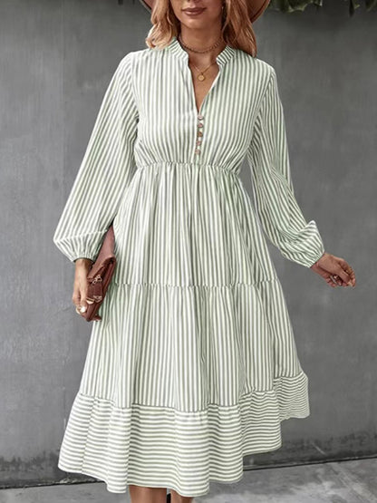 Loose Puff Sleeves Pleated Split-joint Striped V-neck Midi Dresses Shirt Dress